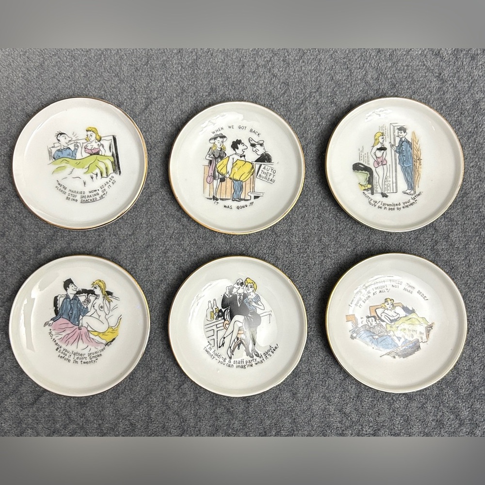 Set of 6 Vintage Risqué Humour Coasters / Ashtrays / Trinket Dishes from Japan